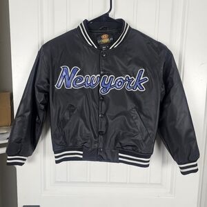 Vintage New York Kids Bomber Jacket Black Baseball Button Up Size 12 PU PVC
